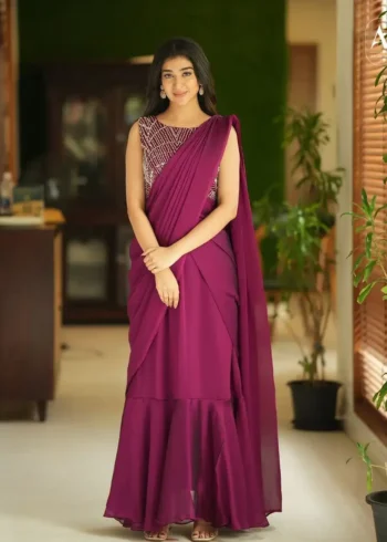 Maroon Color Designer Indo Western Party Wear Designer Stitched Gown Saree