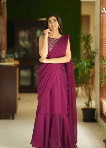 Maroon Color Designer Indo Western Party Wear Designer Stitched Gown Saree