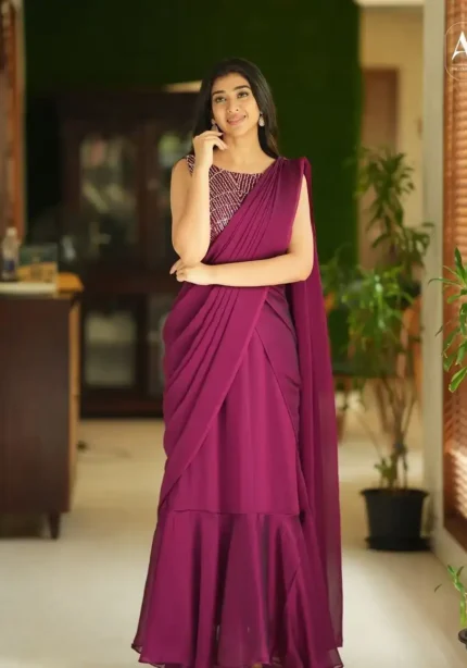 Maroon Color Designer Indo Western Party Wear Designer Stitched Gown Saree