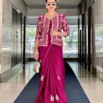 Pink Dola Silk Embroidery Coding Work Saree With Full Koti