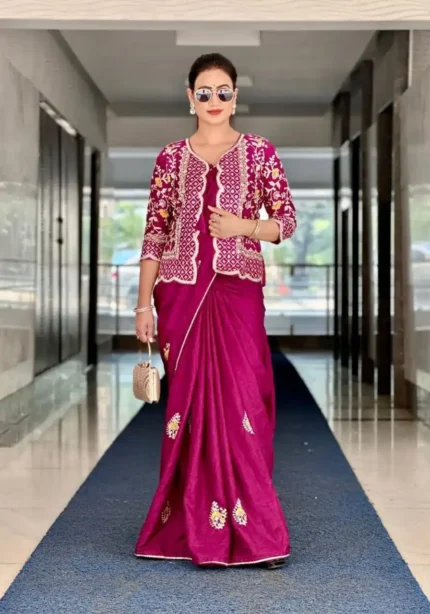 Pink Dola Silk Embroidery Coding Work Saree With Full Koti