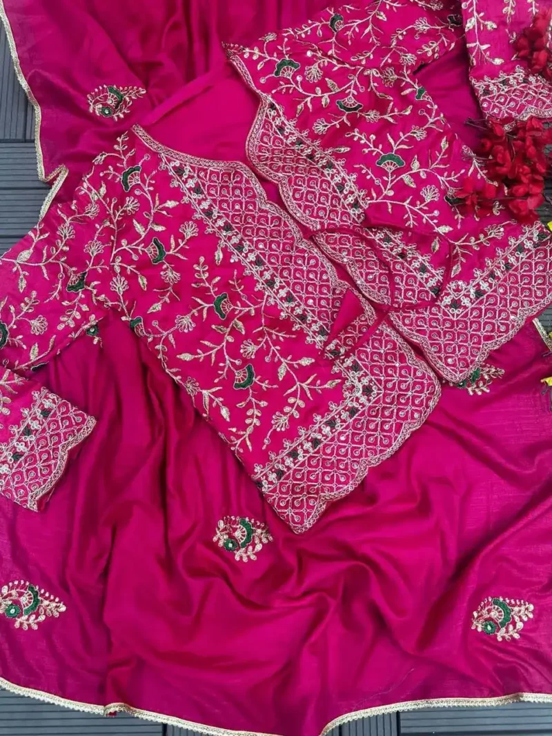 Pink Dola Silk Embroidery Coding Work Saree With Full Koti