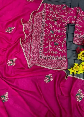 Pink Dola Silk Embroidery Coding Work Saree With Full Koti
