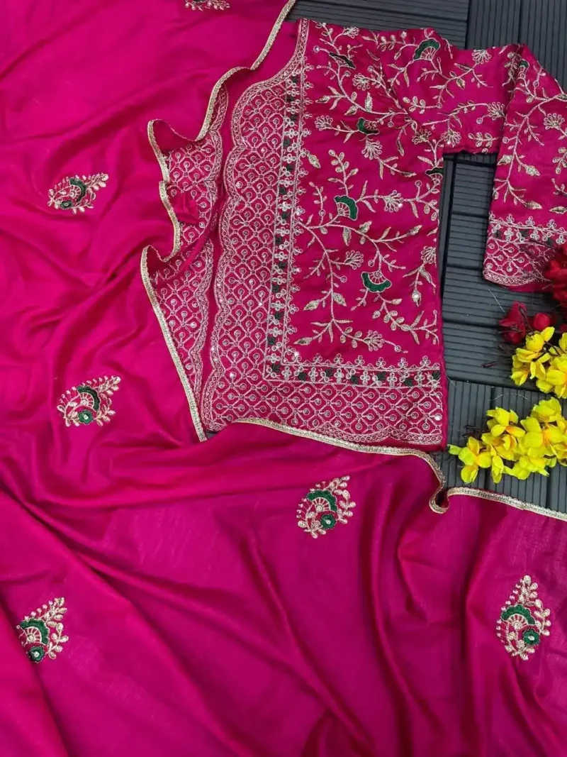 Pink Dola Silk Embroidery Coding Work Saree With Full Koti