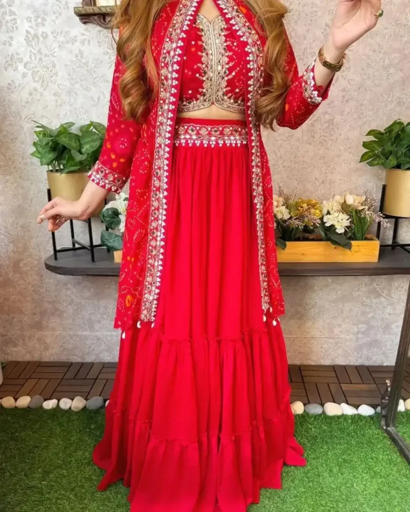 Super Trending Party Wear Georgette Shrug With Lehenga