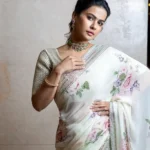 White Georgette Digital Printed Sequence Embroidery Designer Saree