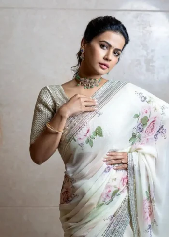 White Georgette Digital Printed Sequence Embroidery Designer Saree