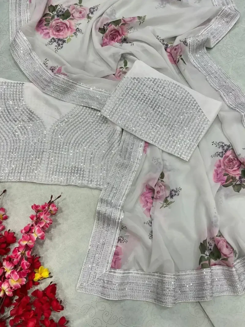 White Georgette Digital Printed Sequence Embroidery Designer Saree