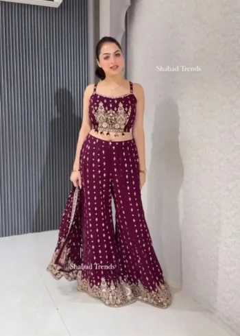 Wine Color Designer Indo Western Party Wear Shrug With Palazzo
