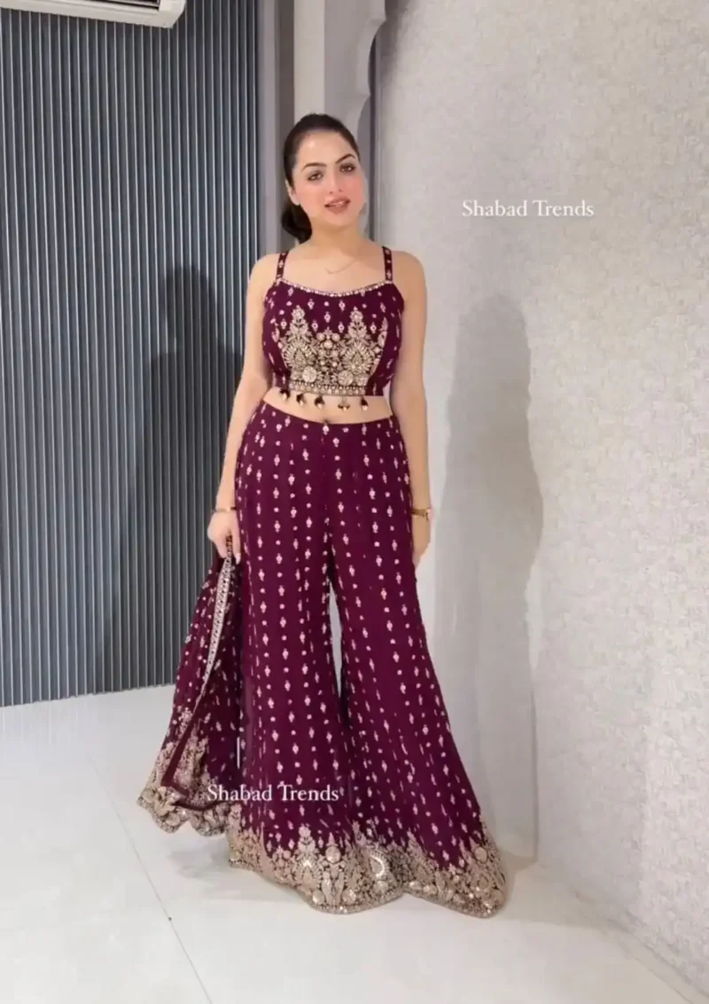 Wine Color Designer Indo Western Party Wear Shrug With Palazzo