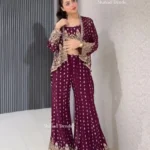 Wine Color Designer Indo Western Party Wear Shrug With Palazzo