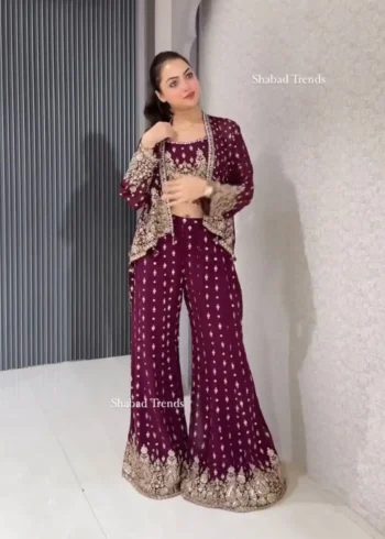 Wine Color Designer Indo Western Party Wear Shrug With Palazzo