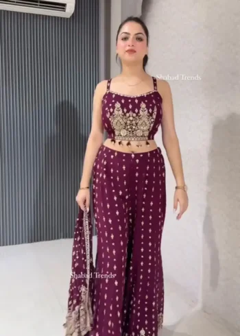 Wine Color Designer Indo Western Party Wear Shrug With Palazzo