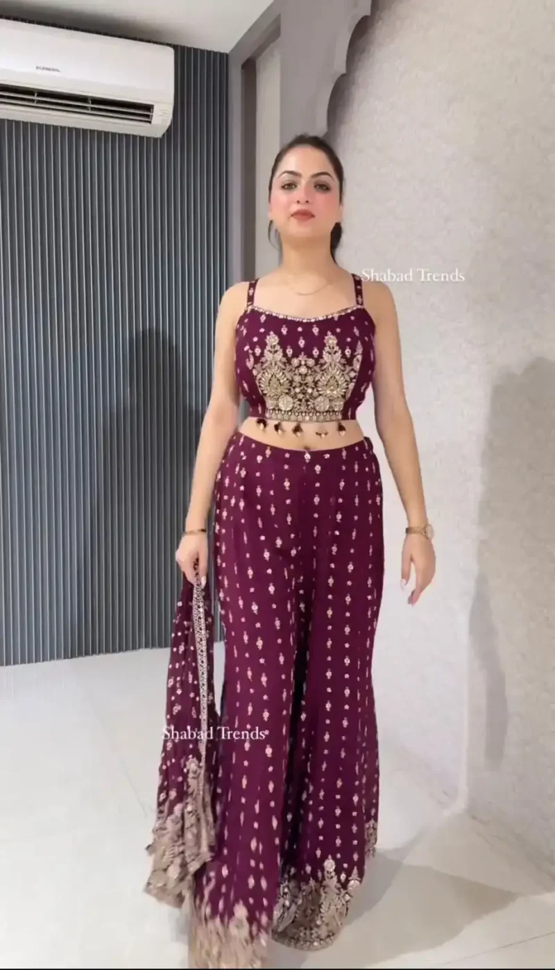 Wine Color Designer Indo Western Party Wear Shrug With Palazzo
