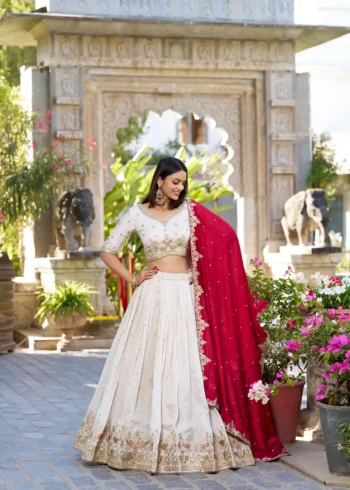 Off White Sequins Embroidered Half Saree Lehenga Choli