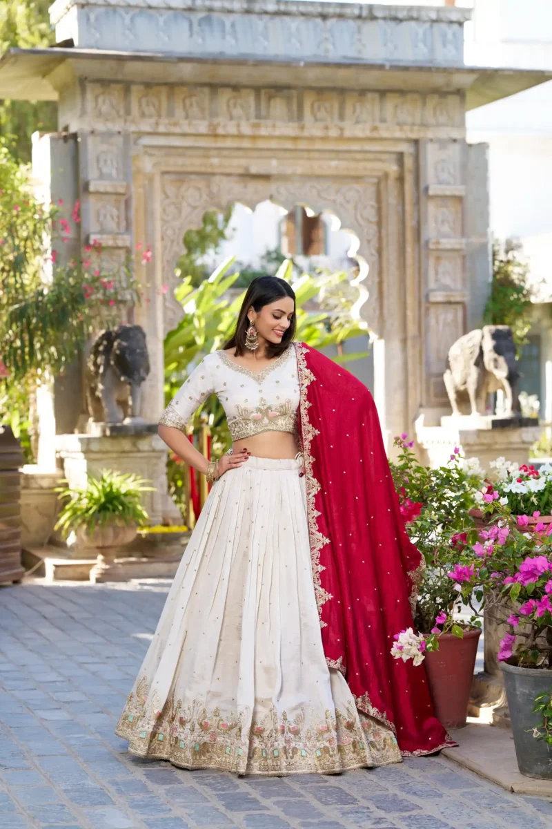 Off White Sequins Embroidered Half Saree Lehenga Choli