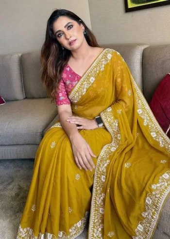 Amber Yellow Rangoli Silk Party Wear Designer Saree