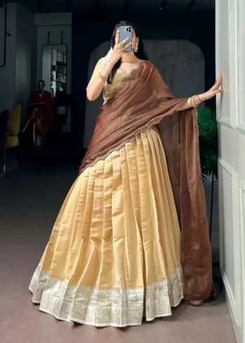 Cream Colour Kanchipuram Zari Weaving South Indian Half Saree Lehenga