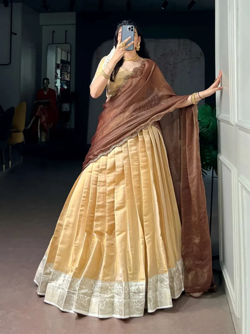 Cream Colour Kanchipuram Zari Weaving South Indian Half Saree Lehenga