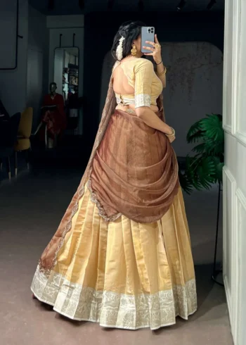 Cream Colour Kanchipuram Zari Weaving South Indian Half Saree Lehenga
