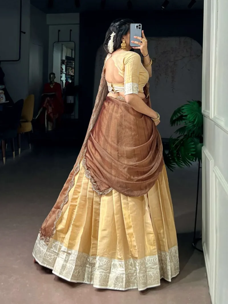 Cream Colour Kanchipuram Zari Weaving South Indian Half Saree Lehenga