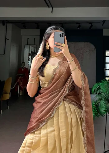 Cream Colour Kanchipuram Zari Weaving South Indian Half Saree Lehenga
