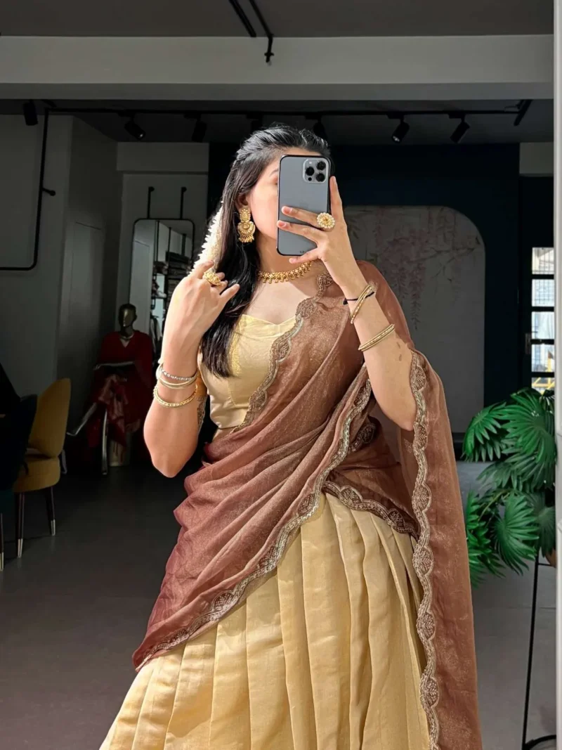 Cream Colour Kanchipuram Zari Weaving South Indian Half Saree Lehenga