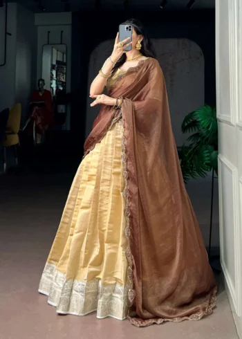 Cream Colour Kanchipuram Zari Weaving South Indian Half Saree Lehenga