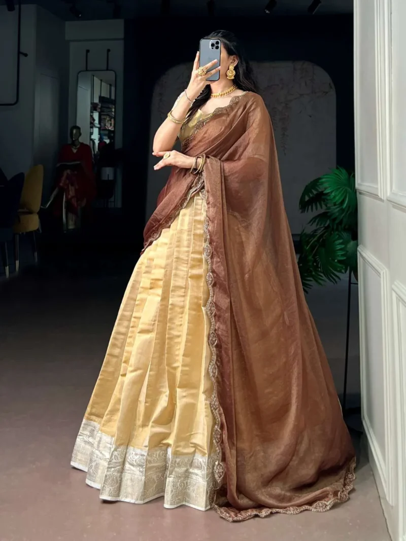 Cream Colour Kanchipuram Zari Weaving South Indian Half Saree Lehenga
