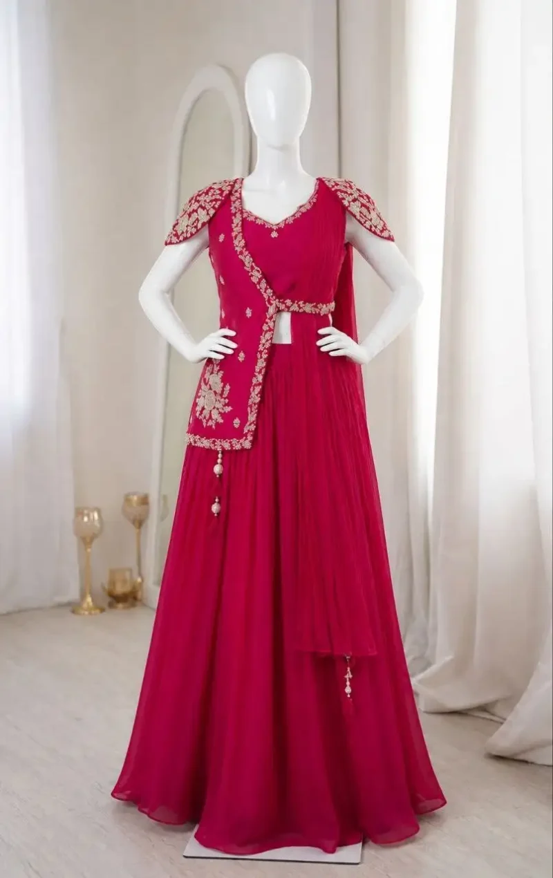 Designer Indowestern Embroidered Pink Wedding Lehenga With Jacket Blouse