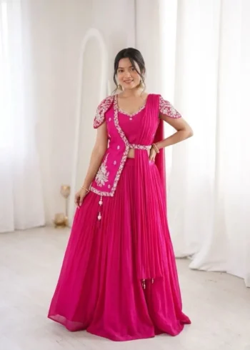 Designer Indowestern Embroidered Pink Wedding Lehenga With Jacket Blouse