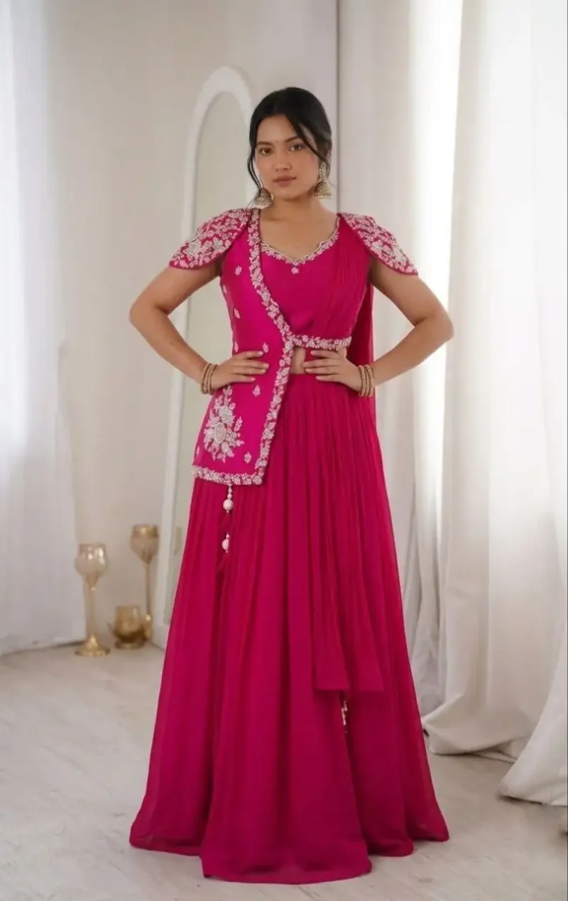 Designer Indowestern Embroidered Pink Wedding Lehenga With Jacket Blouse