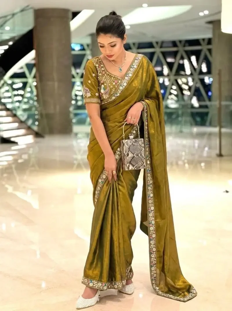 Designer Party Wear Embroidered Lace Saree With Stitched Blouse - Image 7