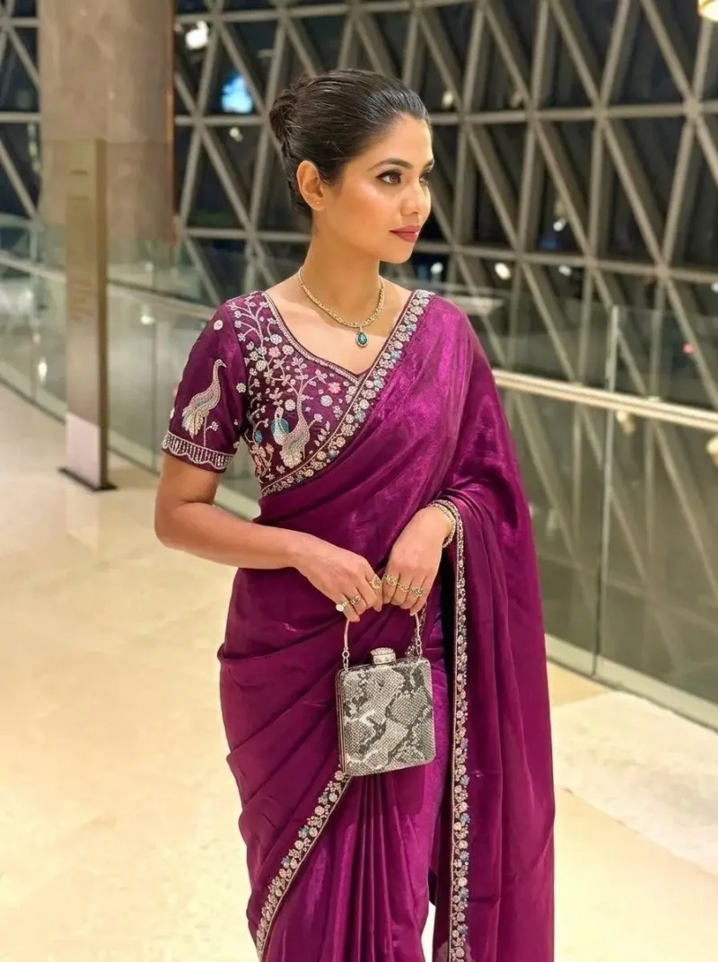 Designer Party Wear Embroidered Lace Saree With Stitched Blouse