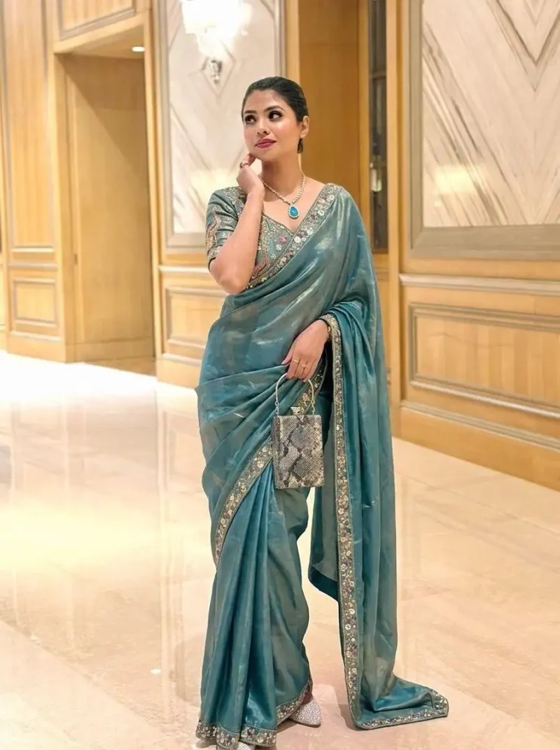 Designer Party Wear Embroidered Lace Saree With Stitched Blouse