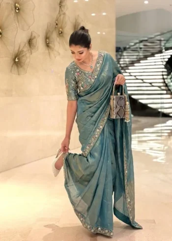 Designer Party Wear Embroidered Lace Saree With Stitched Blouse