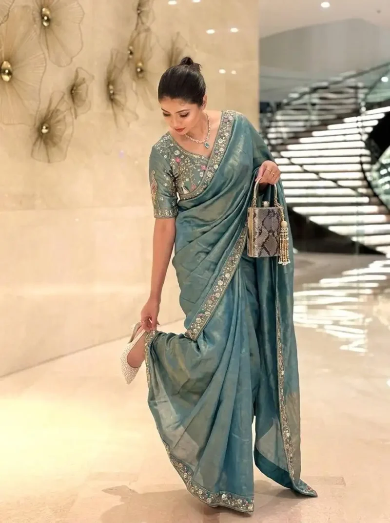 Designer Party Wear Embroidered Lace Saree With Stitched Blouse