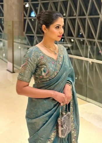 Designer Party Wear Embroidered Lace Saree With Stitched Blouse