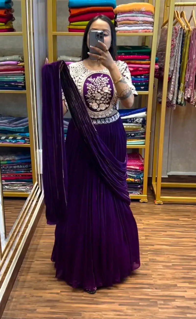 Designer Party Wear Lehenga Saree With Stitched Blouse & Belt
