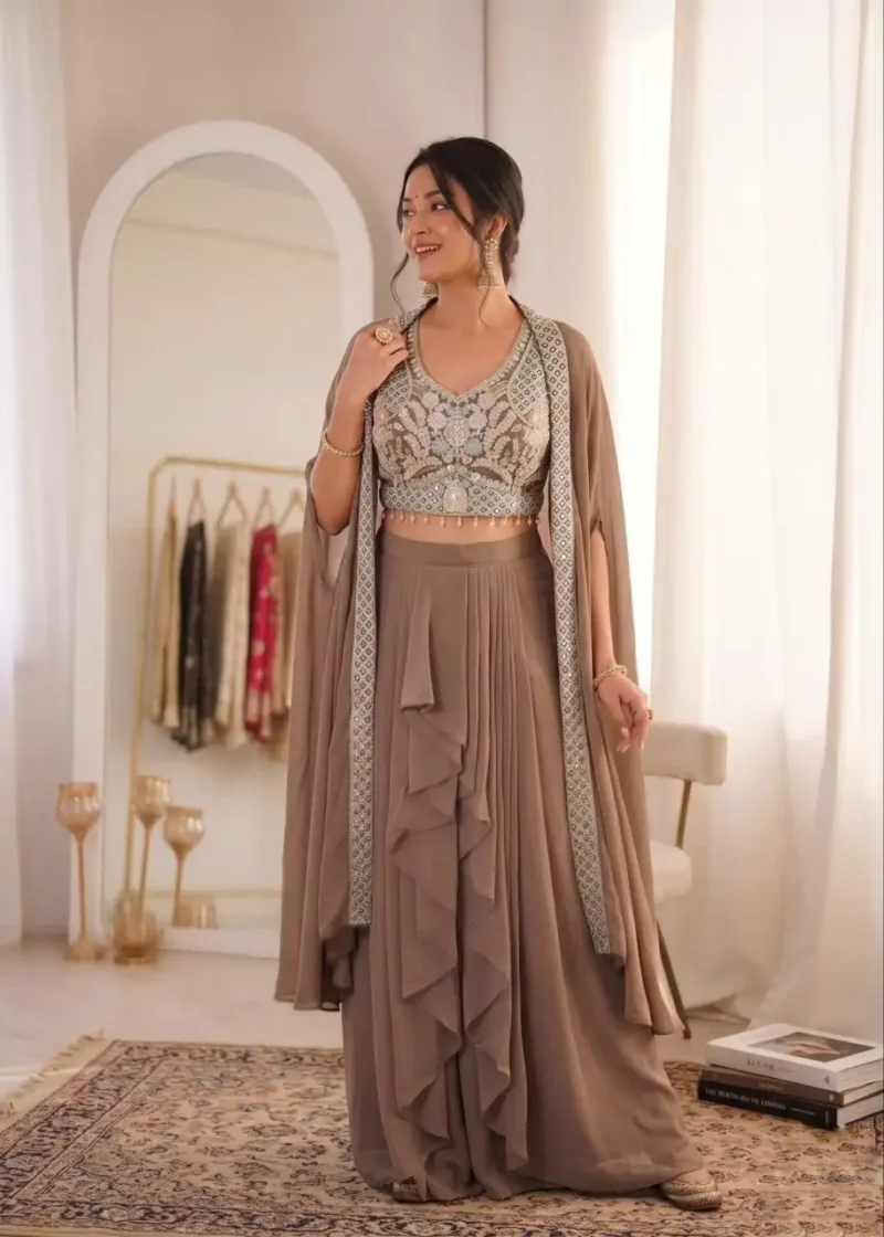 Georgette Pastel Colours Indowestern Party Wear Sharara With Shrug