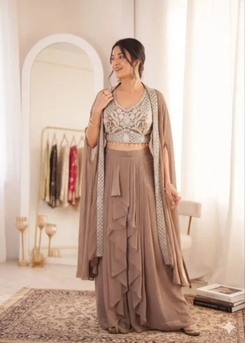 Georgette Pastel Colours Indowestern Party Wear Sharara With Shrug