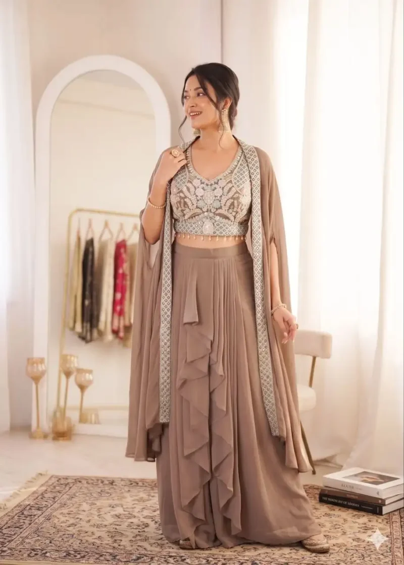 Georgette Pastel Colours Indowestern Party Wear Sharara With Shrug