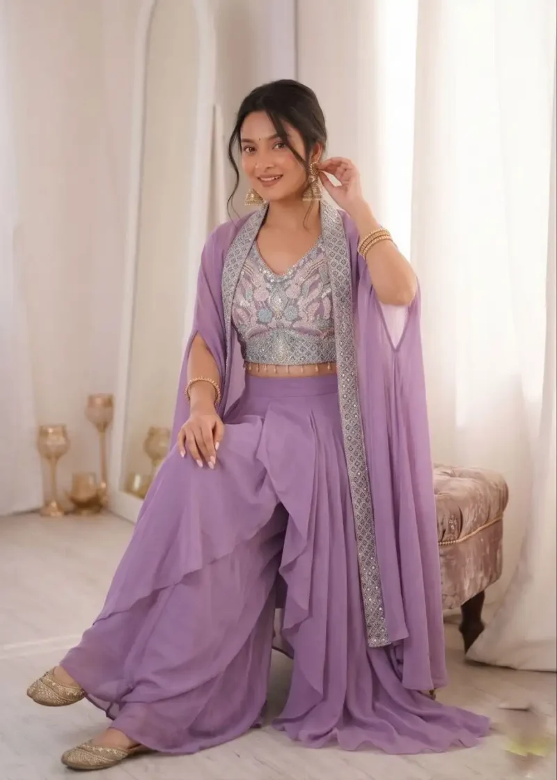 Georgette Pastel Colours Indowestern Party Wear Sharara With Shrug
