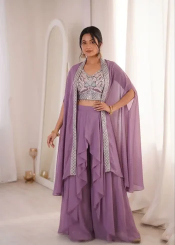 Georgette Pastel Colours Indowestern Party Wear Sharara With Shrug