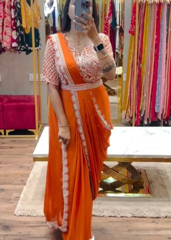 Heavy Chinon Party Wear Embroidered Ready Saree With Stitched Blouse