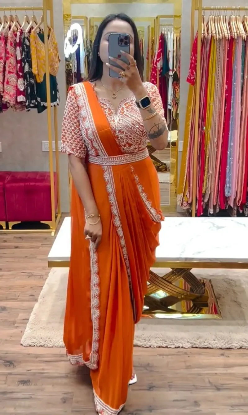 Heavy Chinon Party Wear Embroidered Ready Saree With Stitched Blouse