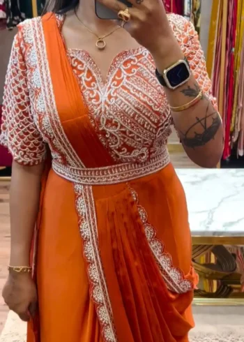Heavy Chinon Party Wear Embroidered Ready Saree With Stitched Blouse