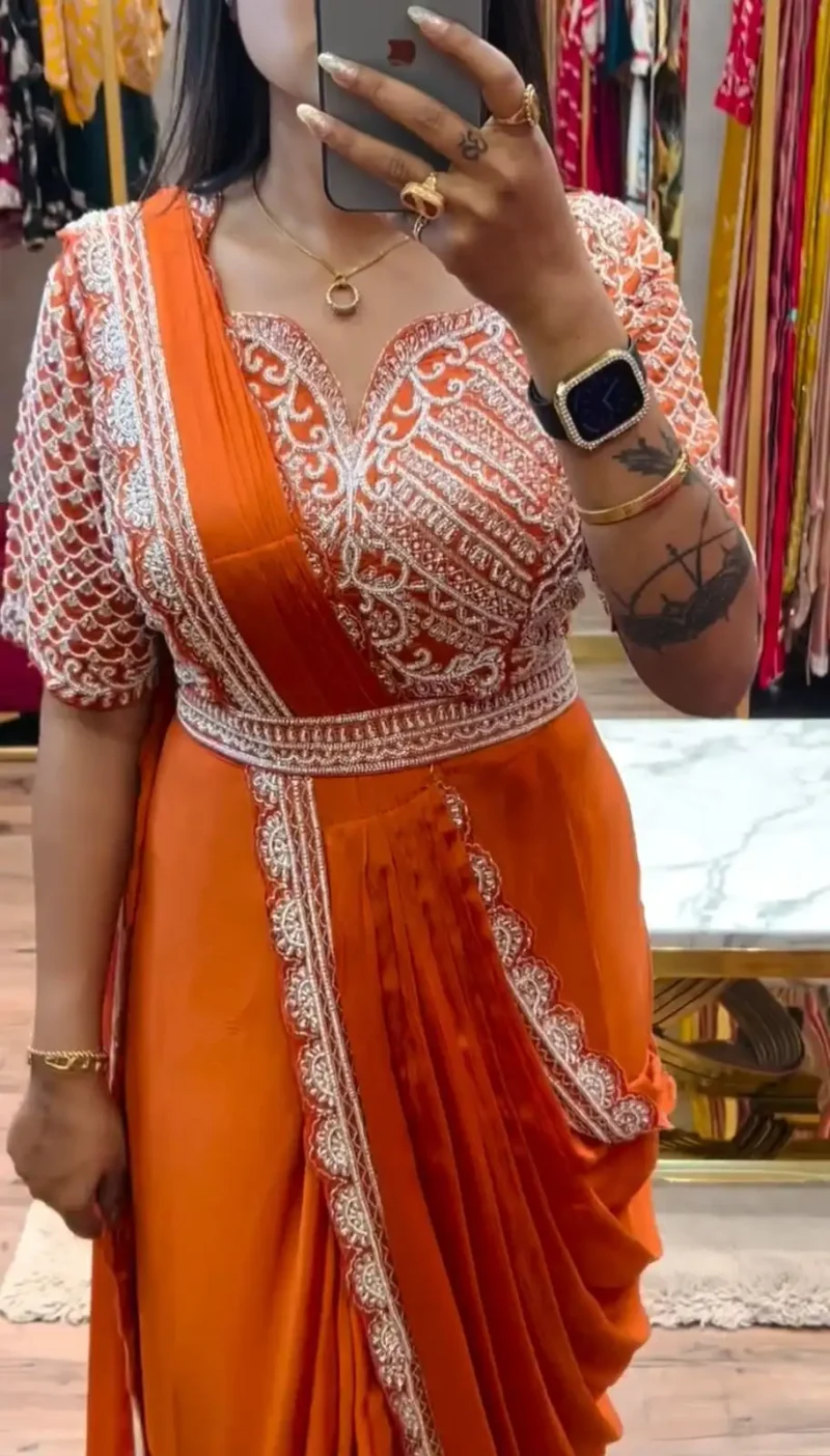 Heavy Chinon Party Wear Embroidered Ready Saree With Stitched Blouse