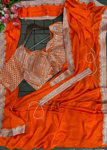 Heavy Chinon Party Wear Embroidered Ready Saree With Stitched Blouse