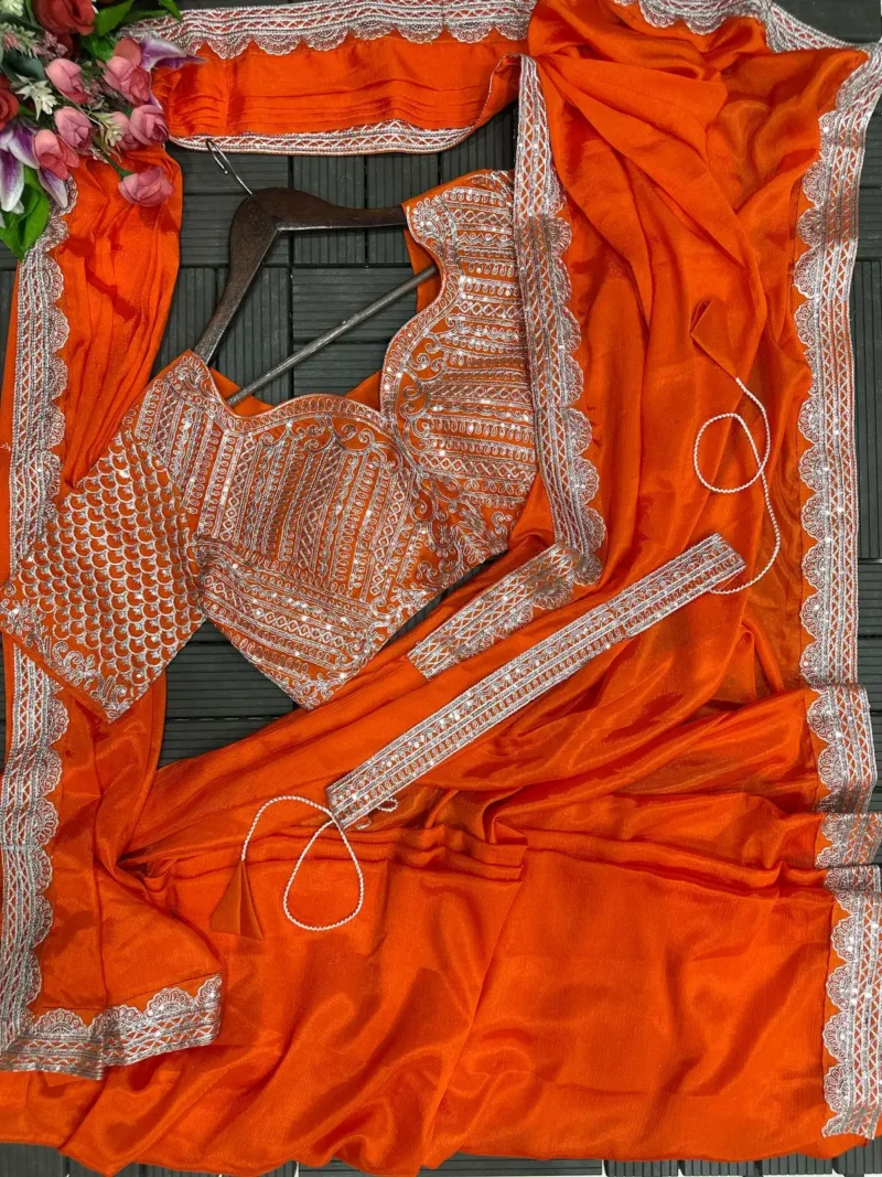 Heavy Chinon Party Wear Embroidered Ready Saree With Stitched Blouse